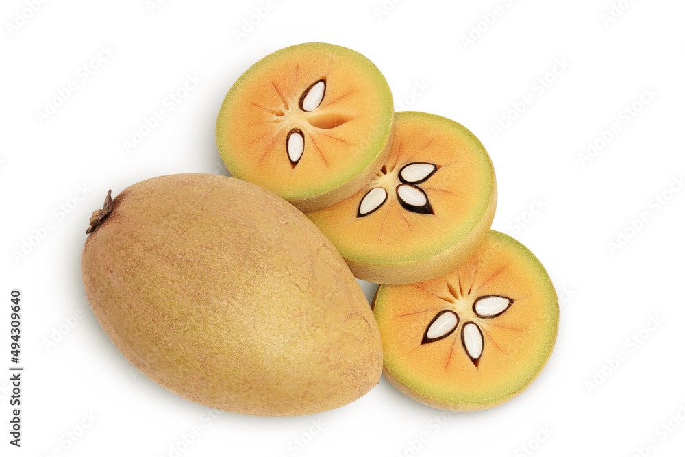 Fototapeta premium Sapodilla isolated on white background with clipping path and full depth of field. Top view. Flat lay