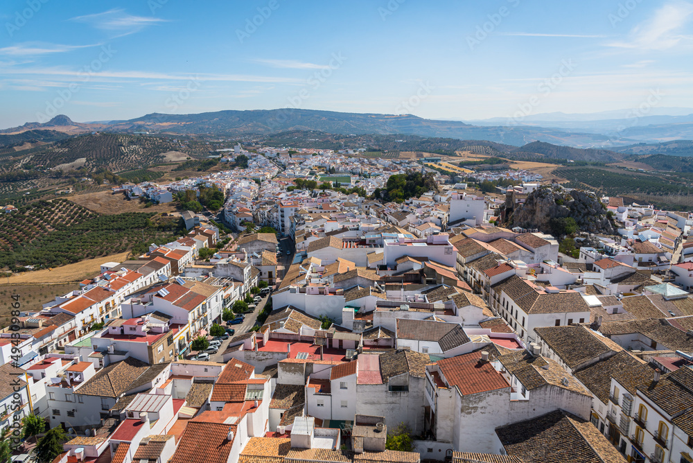 Scenic view of the beautiful andalusian white town of Olvera in the Natural Park of Grazalema mountain range at daylight, Cadiz province, Andalusia, Spain