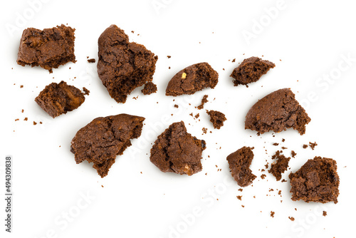 chocolate cookies broken isolated on white background with clipping path and full depth of field. Top view. Flat lay