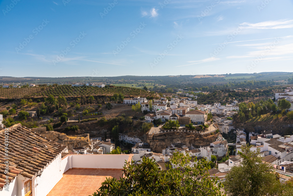 Scenic view of the beautiful andalusian white town of Setenil de las Bodegas in the Natural Park of Grazalema mountain range at daylight, Cadiz province, Andalusia, Spain