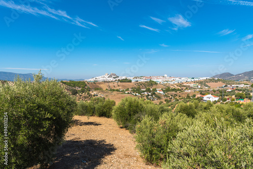 Panoramic sight of the beautiful andalusian white town of Olvera in the Natural Park of Grazalema mountain range at daylight, Cadiz province, Andalusia, Spain