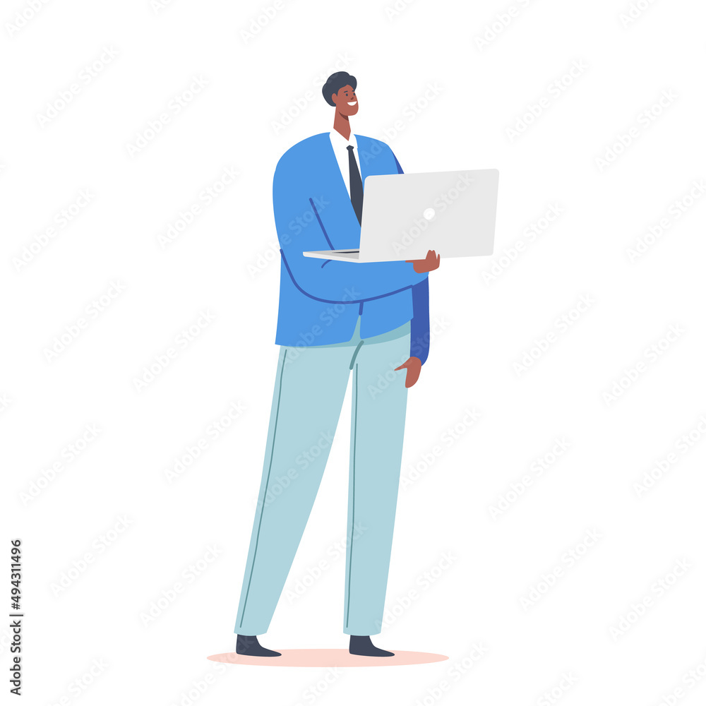 Indian or Pakistan Businessman Male Character Wear Blue Blazer and Pants Stand with Laptop in Hands, Single Man Indian or Pakistan Businessman Male Character Wear Blue Blazer and Pants Stand with Laptop in Hands, Single Man