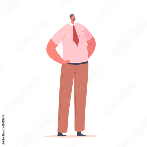 Male Character in Formal Suit, Business Man Wear Pink Shirt, Tie and Brown and Trousers Stand with Arms Akimbo, Manager
