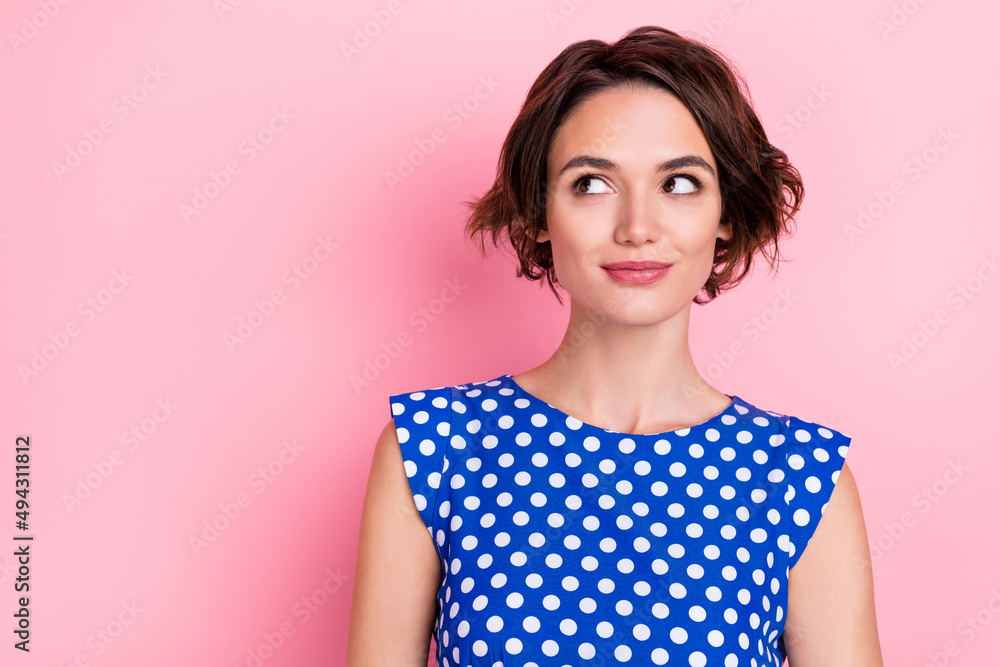 Portrait of young sweet female look empty space dreaming thinking see black friday sale isolated on pink color background Portrait of young sweet female look empty space dreaming thinking see black friday sale isolated on pink color background