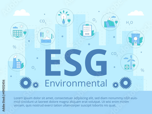 ESG environmental business concept. Template for presentation. Banner. Header in the center with icons around it. Renewable energy. Modern flat vector illustration. 