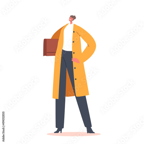 Businesswoman in Yellow Cloak, Female Character Wear Trendy Dress Hold Briefcase in Hands Isolated on White Background