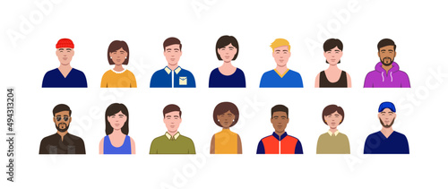 People head portraits set. Diverse men and women faces of different race. Happy modern young peaople avatars. Characters bundle. Flat vector illustrations isolated on white background