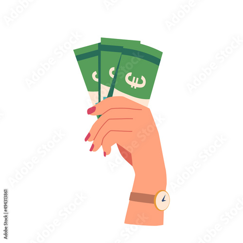 Female Hand Holding Euro Paper Currency Bills. Businesswoman Palm with Money Cash Design Element Isolated on White
