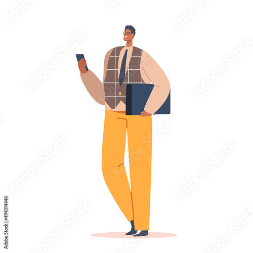 Single Indian or Pakistan Businessman Male Character Wear Brown Blazer and Yellow Pants Stand with Smartphone and Folder