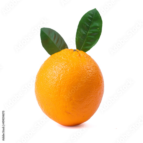 juicy ripe orange with two green leaves on a white background.
