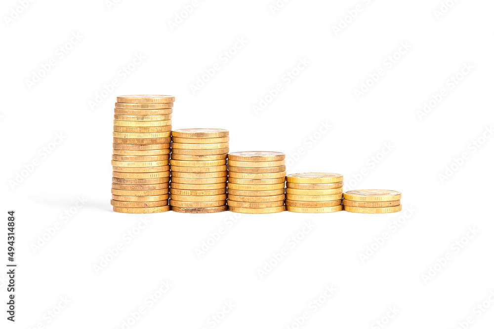 Stacks of coins of different heights isolated on a white background