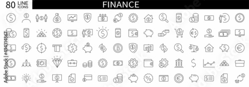 Set of 55 Finance icons. Business and Finance web icons. Vector business and finance editable stroke line icon set with money, bank, check, law, auction, exchance, payment. Vector illustration.