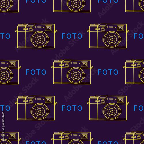 Bright seamless illustration with photo cameras. Vector drawing. Outline drawing.