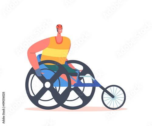 Paralympic Athlete Sitting on Racing Wheelchair, Disabled Sportsman Character Wear Uniform, Young Amputee Man