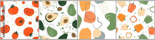 A set of seamless patterns with abstract vegetables. Print with tomatoes. pepper, avocado, simple shapes. Vector graphics.