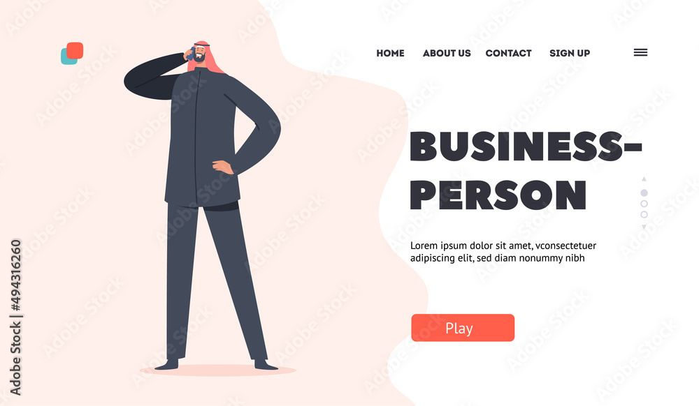 Obraz premium Business Person Landing Page Template. Saudi Male Character Businessman. Arab Man in Traditional Headwear