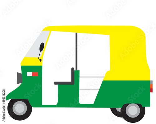 Green yellow Auto rickshaw vector illustration ,  a primary transport vehicle West Bengal, gujarat and karnataka in India	
