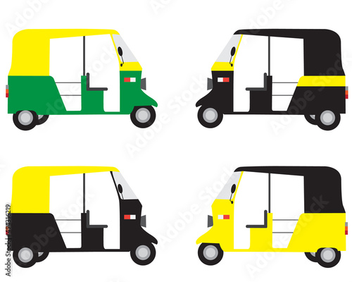 set of Indian auto rickshaw with different colors vector illustration ,  a primary transport vehicle in  India	