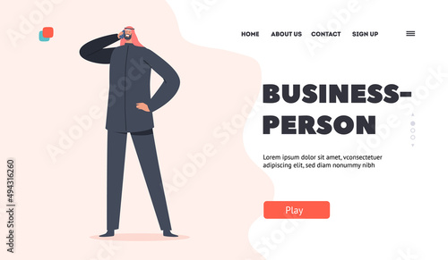 Business Person Landing Page Template. Saudi Male Character Businessman. Arab Man in Traditional Headwear