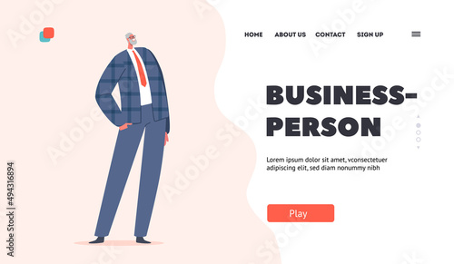 Business Person Landing Page Template. Senior Male Character in Formal Suit, Mature Man Wear Grey Blazer and Trousers