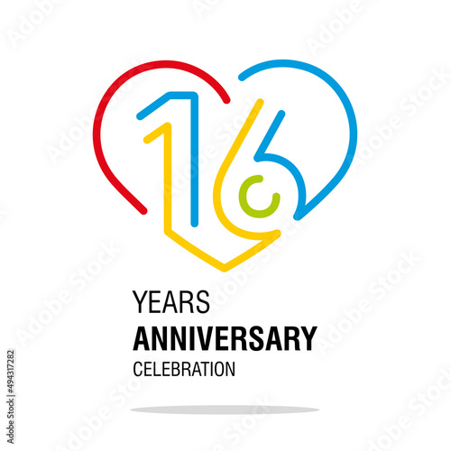 16 years anniversary celebration decoration colorful number bounded by a loving heart modern love line design logo icon white background