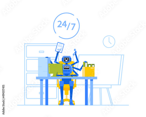 Ai Cyborg Character Multitasking at Office, Rpa Vs Manual Labor, Robotic Process Automatization, Artificial Intelligence