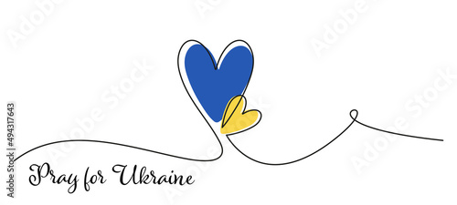 Pray for Ukraine. Vector single line drawing. Two hearts with Ukrainian flag colors.