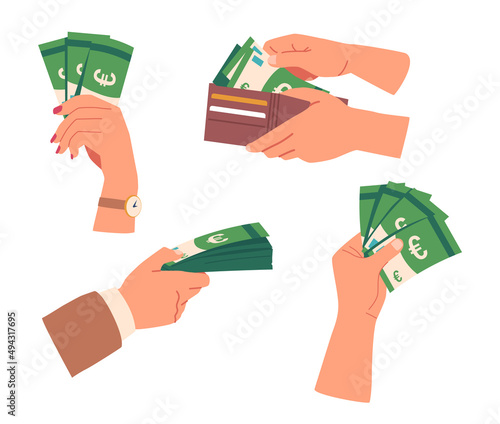 Set of Hands Holding Money, Human Palms With Euro Currency Cash, Wallet Full of Banknotes Isolated on White Background