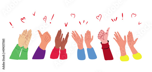 Hands up cheering and voting.Vector illustration.Sketch of hands from different countries