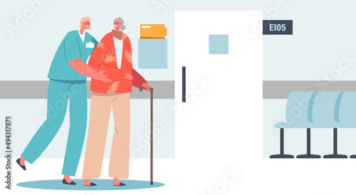 Healthcare, Medical Aid Concept. Young Volunteer Help to Old Woman with Cane to Walk at Home or Nursing House