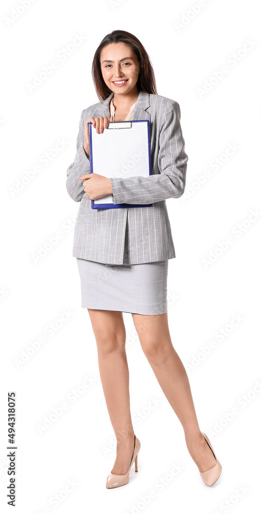 Portrait of young secretary with clipboard isolated on white Portrait of young secretary with clipboard isolated on white