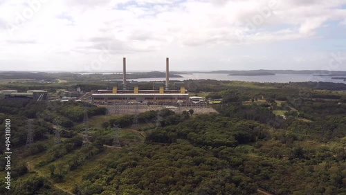 Coal plant Eraring power station in aerial flying on Central Coast as 4k.
 photo