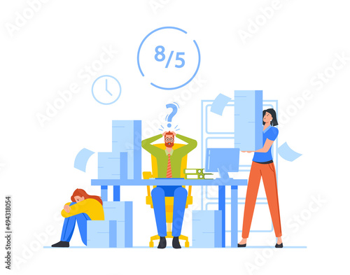 Manual Labor, Deadline, Office Chaos Concept, Stressed Employees, Workers Hurry Up with Job, Work Rush, Busy Overwork
