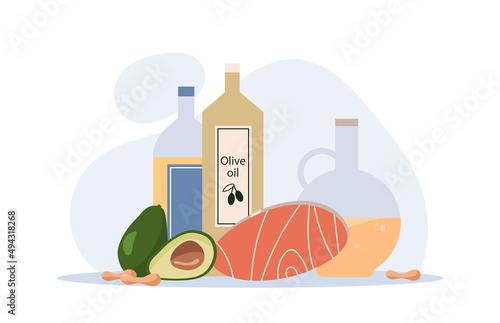 Set of fats. Natural and organic products with trace elements for body. Nutrition and diet, health care, fitness and active lifestyle. Olive oil, avocado and nuts. Cartoon flat vector illustration
