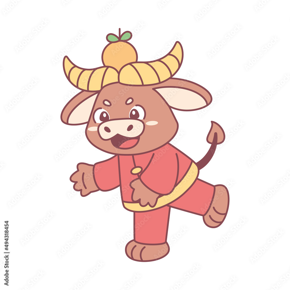 Obraz premium Isolated cute ox with traditional chinese clothes Zodiac sign Vector illustration