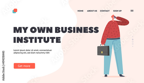 Own Business Institute Landing Page Template. Business Man Wear Red Shirt and Blue Trousers Holding Briefcase