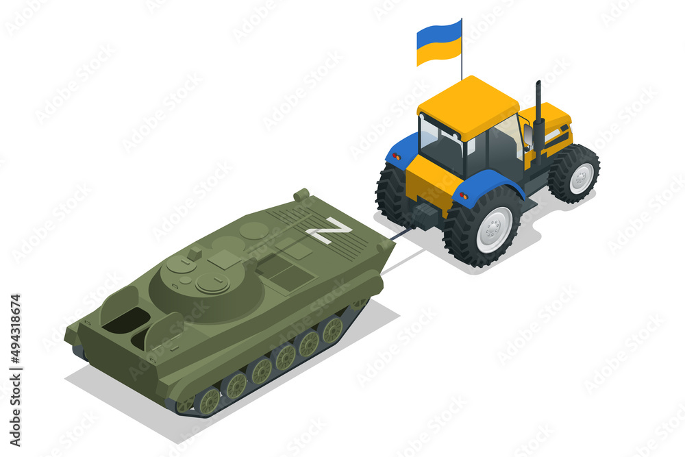 Isometric tractor with Ukrainian flag pulls a russian BMP or tank. Ukrainian in war. Russia is