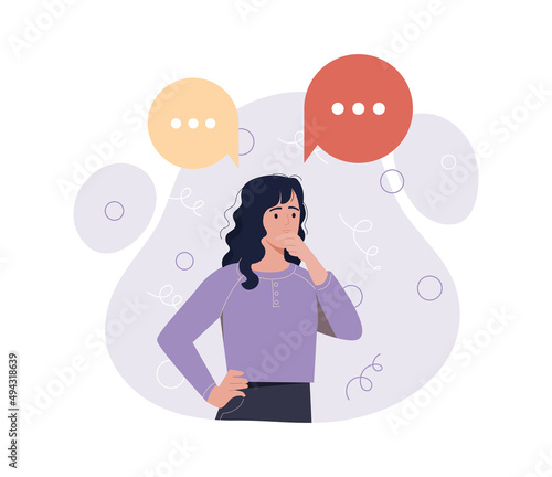 Concept of dilemma. Girl rests her chin on her hand. Character ponders and evaluates information. Thoughtful and sad person looking for way to solve problems. Cartoon flat vector illustration