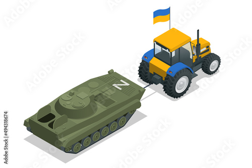 Isometric tractor with Ukrainian flag pulls a russian BMP or tank. Ukrainian in war. Russia is the aggressor. photo