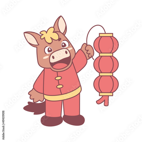 Isolated cute horse with traditional chinese clothes Zodiac sign Vector illustration