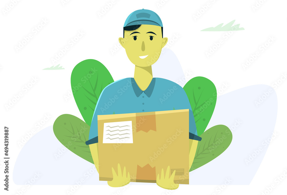 A young man delivering a box. Courier home delivery. Delivery concept in cartoon modern style. Vector illustration
