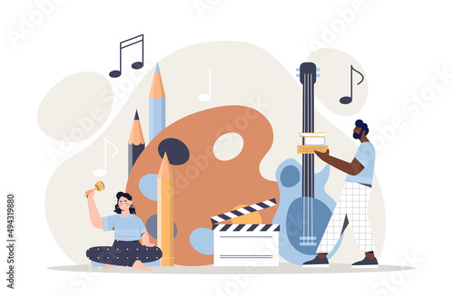 Artistic people concept. Creative personalities, man and girl surrounded by books, drawings and musical instruments. Writers, artists and musicians, hobbies. Cartoon flat vector illustration