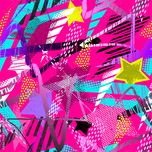 Abstract seamless chaotic pattern with urban geometric elements, scuffed, drops, stars and sprays. Grunge neon texture background. Wallpaper for teen girls. Fashion sport style