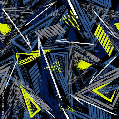 Abstract seamless urban background. Repeated backdrop for boys, girls, sport, fashion textile. Chaotic grunge geometric pattern with dots, shape, texture and directing arrow. Creative sport design.