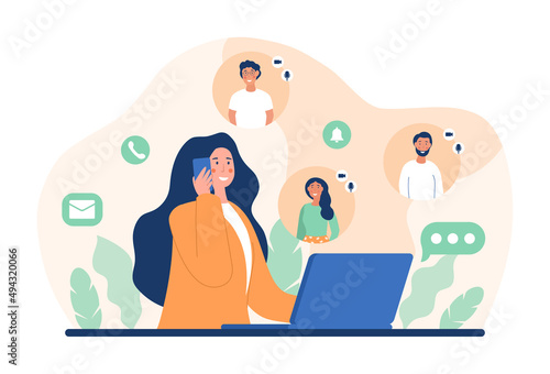 Young woman at meeting. Girl on phone communicates with friends and colleagues. Modern technologies and video conference, social networks. Business negotiations. Cartoon flat vector illustration