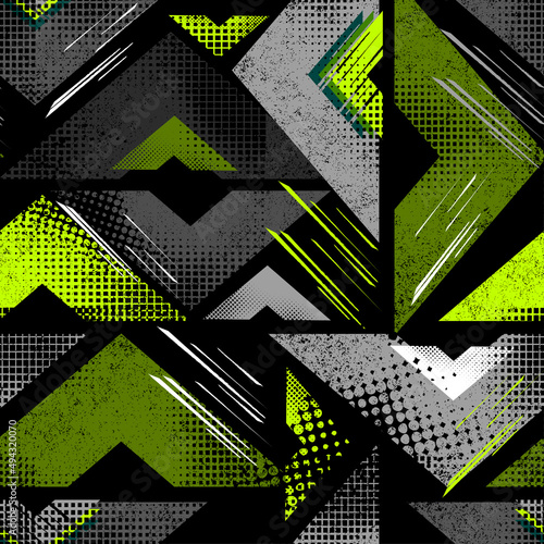 Abstract seamless urban background. Repeated backdrop for boys, girls, sport, fashion textile. Chaotic grunge geometric pattern with dots, shape, texture and directing arrow. Creative sport design.