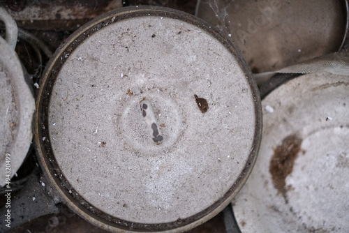 Dirty, dusty, cobwebbed, old kitchen utensils in an abandoned apartment close-up