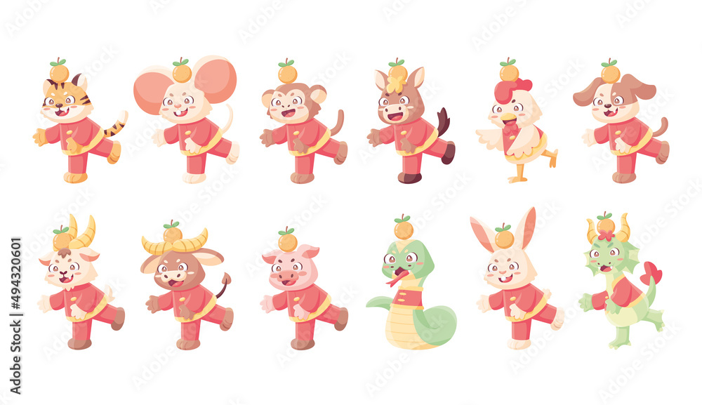 Fototapeta premium Set of different animal cartoons with traditional clothes Chinese zodiac sign Vector illustration