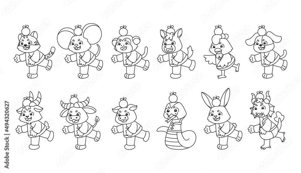 Set of different animal cartoons with traditional clothes Chinese zodiac sign Vector illustration