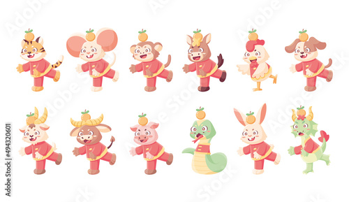 Set of different animal cartoons with traditional clothes Chinese zodiac sign Vector illustration